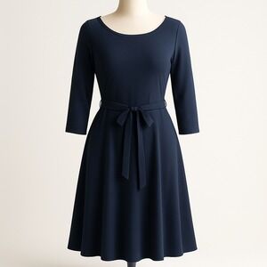Lands‎ End 100% Cotton Belted Midi Dress Size S Navy Blue 3/4 Sleeve Preppy Twee